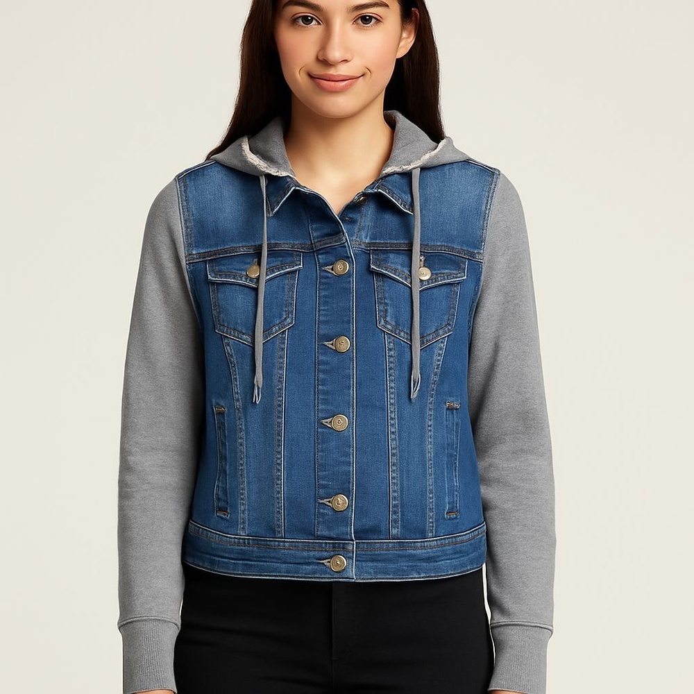 NEW LOOK – Girls‎ XL Denim Knit-Sleeve Hooded Jacket